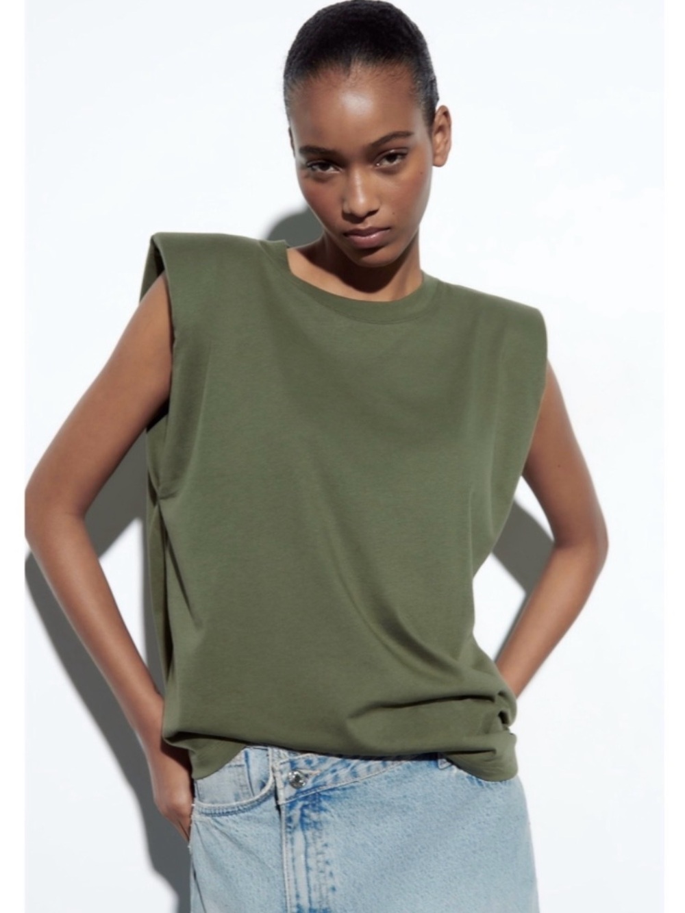 Zara Olive Green Sleeveless Shoulder Pad Crewneck Muscle Tee